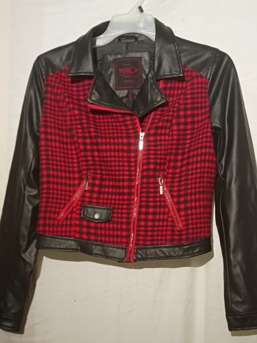 Yoki Red Plaid Faux Leather Wool Blend Cropped Moto Jacket, Sx 8, NWOT
